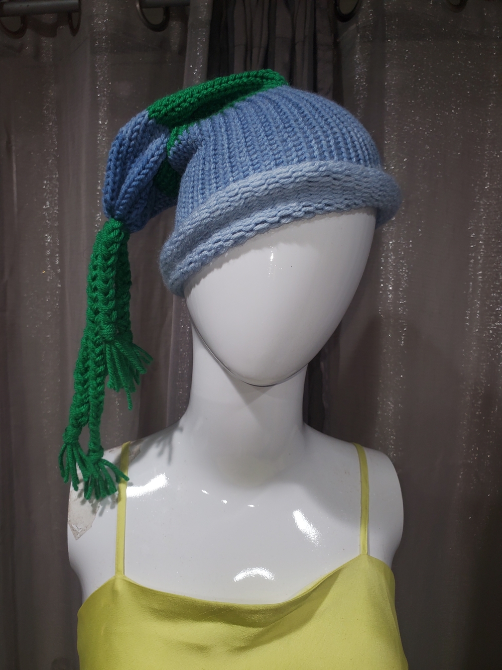 Light Blue Knit Beanie with Green Tassel - Women's Hat